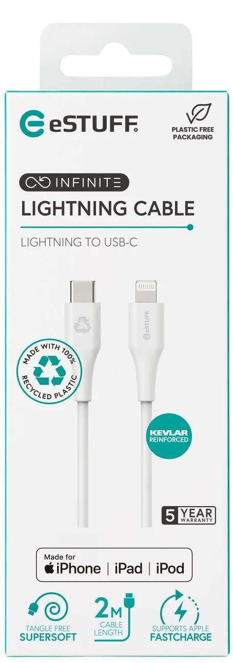 Kabllo eSTUFF INFINITE Super Soft, USB-C - Lightning, 2m, i bardhë - 3