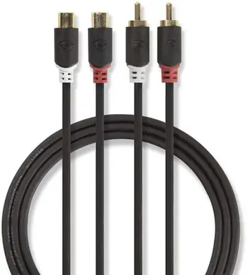 Kabëll audio Nedis Stereo, 2x RCA mashkull në 2x RCA femër, 2m, antracit