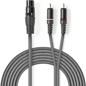 Kabllo audio Nedis OnStage, XLR 3-pin femër në 2x RCA mashkull, 1.5 m, gri