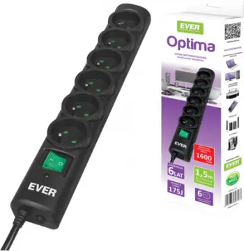 Kabllo vazhdues Ever Optima anti-surge 6 priza, 1.5 m, (T / LZ08-OPT015 / 0000), e zezë