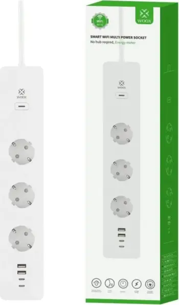 Shiriti i Mençur WOOX R6132 me WiFi, 3 priza AC, 2 porta USB 2.0, 2 porta USB-C, i bardhë