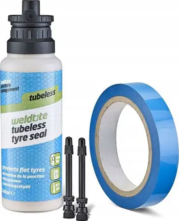 Set tubeless për biçikletë rrugore Weldtite Essential, 240 ml, me valvula dhe shirit rrote
