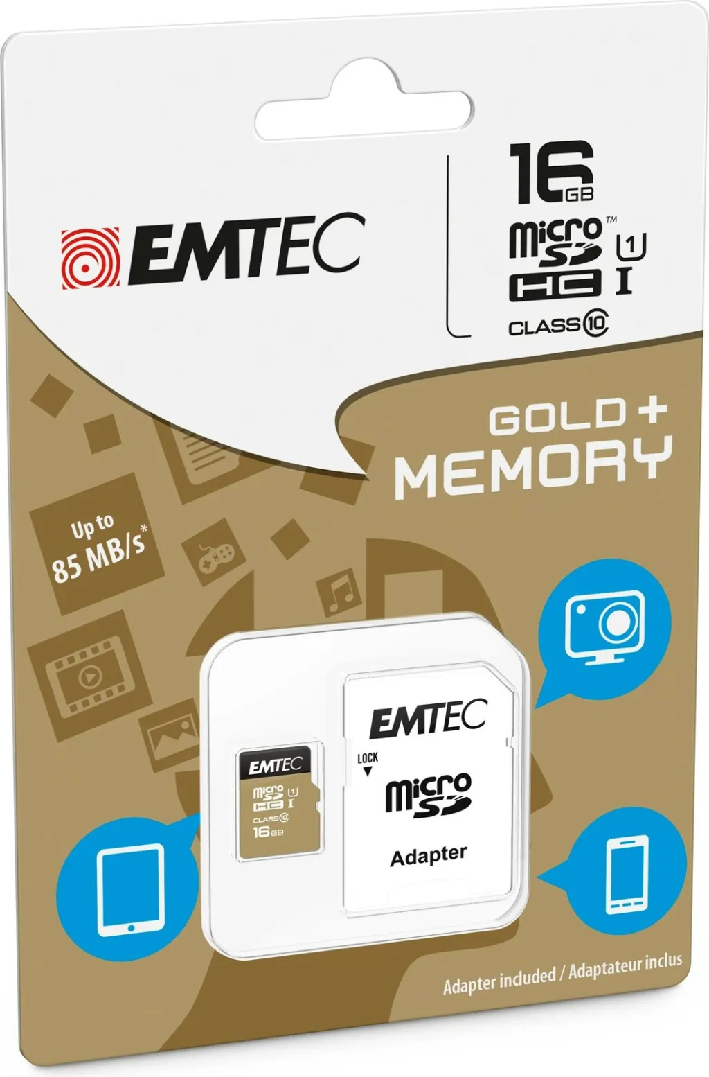 Kartelë memorie EMTEC microSDHC 16GB Class 10, 85MB/s, kaltër/artë - 2