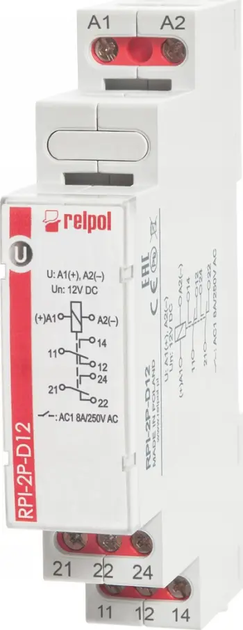 Rele elektromagnetike Relpol RPI-2P-D12 863361, 2P 8A, 12V DC, AgSnO2