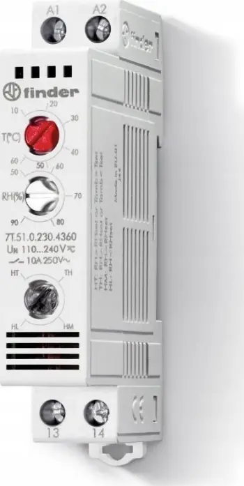 Higro-termostat për kabinete Finder 7T.51.0.230.4360, 110–240V AC/DC, 10A, gri