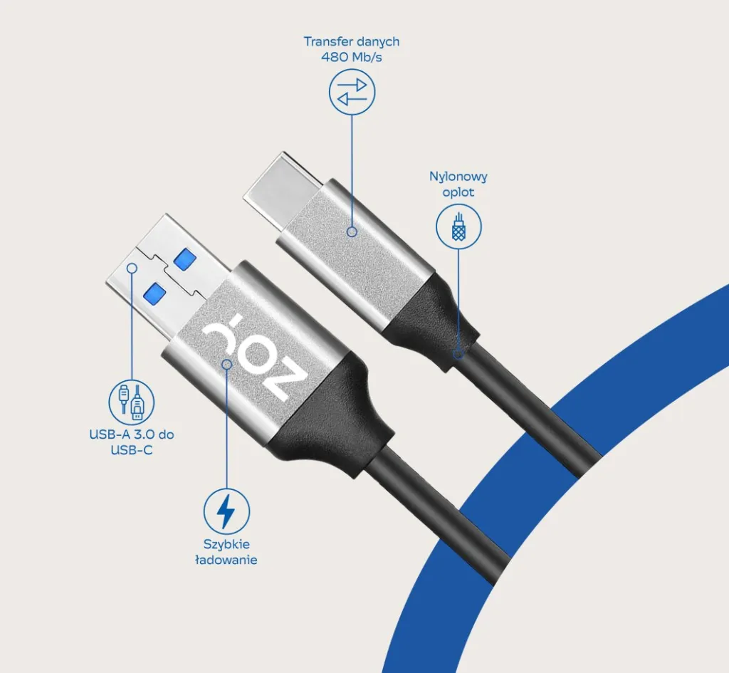 Kabllo ZOY USB-A - USB-C, 2m, e zezë / argjendtë - 3