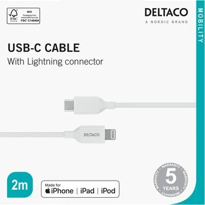 Kabllo USB Deltaco USB C në Lightning IPLH 452, 2m, e bardhë - 2
