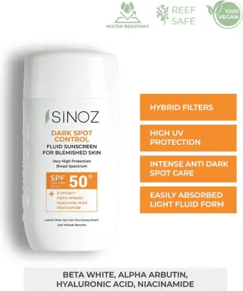 Krem kundër diellit Dark Spot Control Fluid SPF 50Krem kundër diellit Sinoz Dark Spot Control Fluid SPF 50+