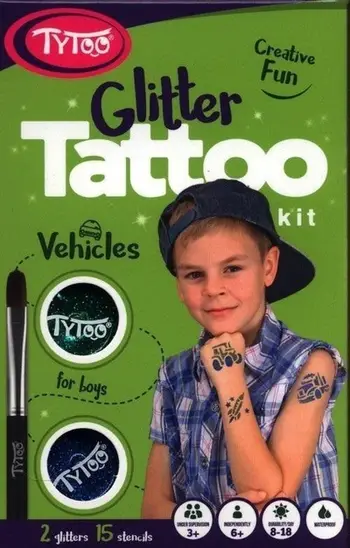 Set tatuazhesh me shkëlqim Dante TYTOO Glitter Tattoos Vehicles 01805, 15 shabllone, për fëmijë, shumëngjyrësh