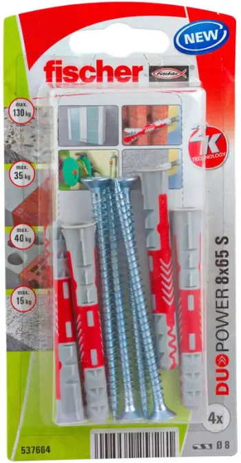 Set tapa Fischer DuoPower 537664, 8x65mm, mbajtje optimale, gri
