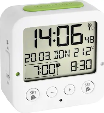 Orë alarmi digjitale TFA Bingo 60.2528.02, radio kontroll, matje temperature, e bardhë