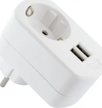 Adapter karikues USB Schwaiger, prizë 230V me dalje kaluese, 2x USB, i bardhë