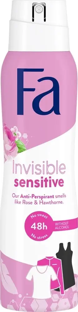 Deodorant spray Fa Invisible Sensitive 48h për femra me aromë trëndafili dhe dëllinje të zezë, 150ml