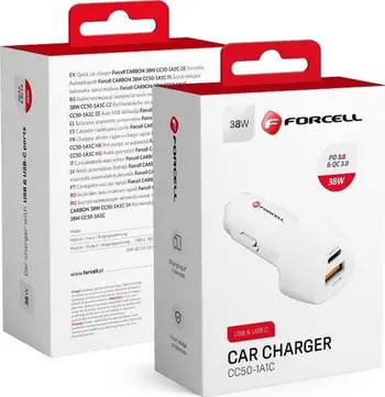Karikues veture Forcell F-Energy Carbon CC50-1A1C, 38W, 1x USB-C, 1x USB-A, i bardhë