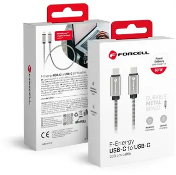 Kabllo USB Forcell F Energy C237, Type C në Type C, 2m, 60W, argjendtë