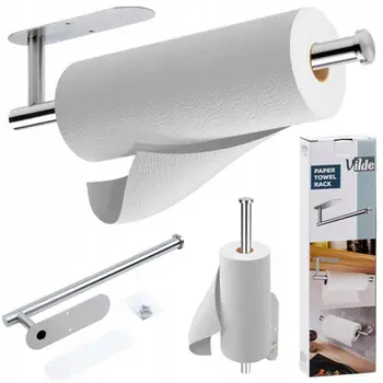 Mbajtës letre kuzhine inox, montim me ngjitës, me vida, argjendtë