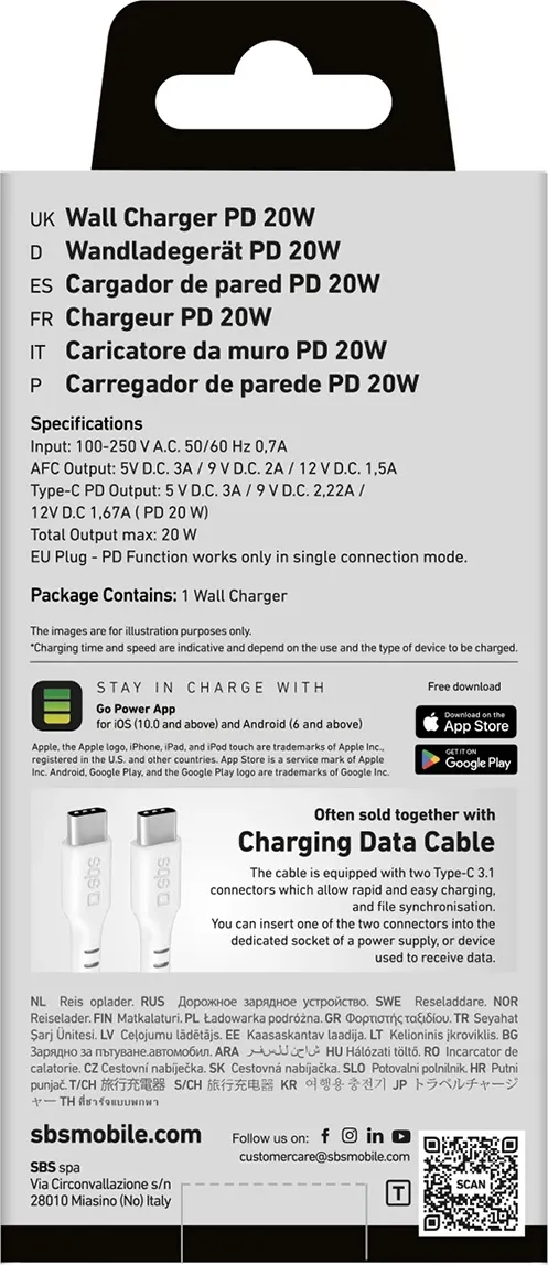 Karikues muri SBS TETRPD20W, 20W, 2 porta USB-A/USB-C, i bardhë - 2