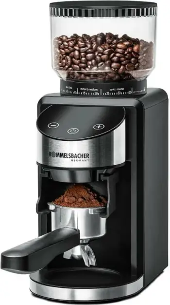 Mulli kafeje, Rommelsbacher EKM 400, konik inoksi, 35 nivele, 1–12 porcione, anti-statike, portafilter, i zi