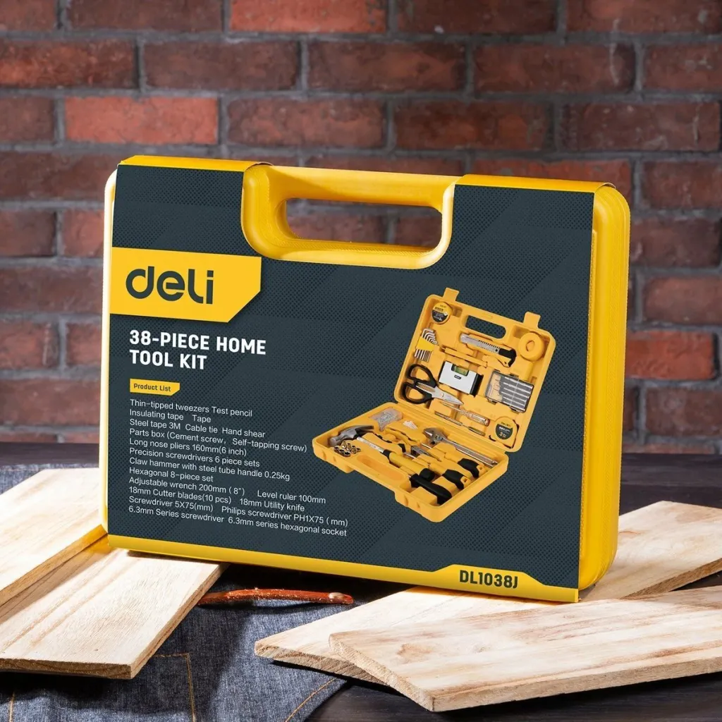 Set veglash Deli Tools EDL1038J, 38 copë, me kasë, e verdhë - 6