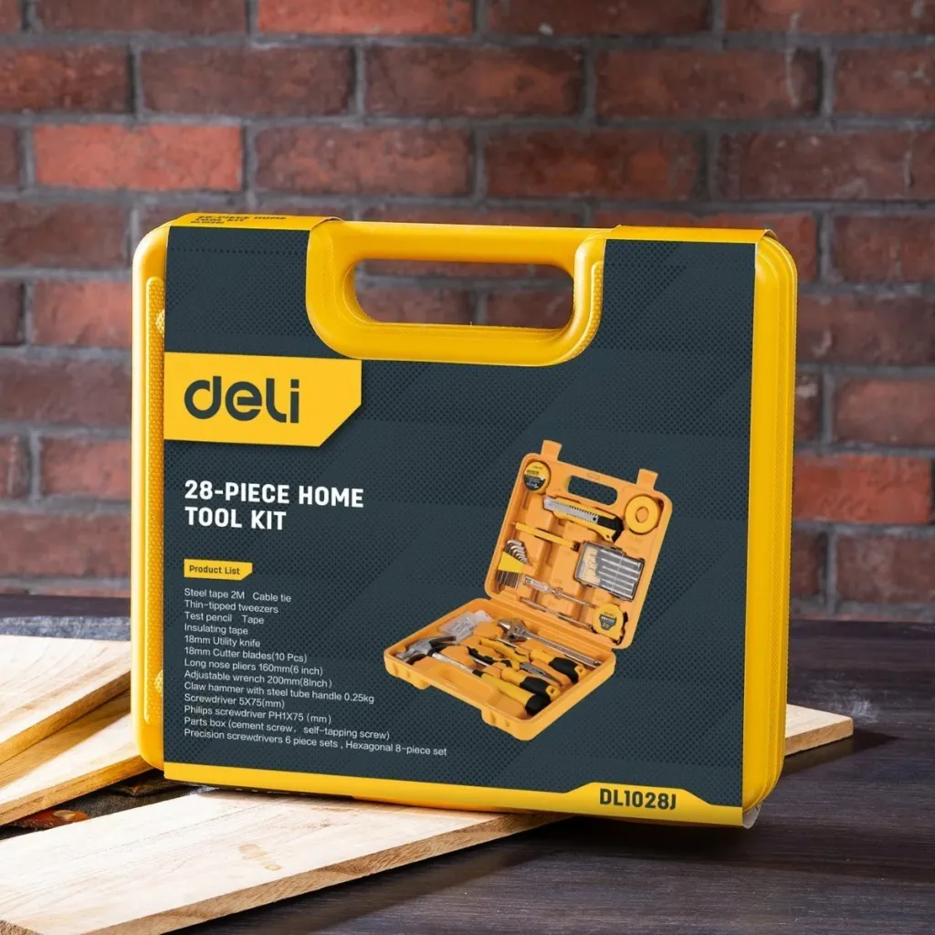 Set veglash Deli Tools EDL1028J, 28 copë, me kasë, e verdhë - 9
