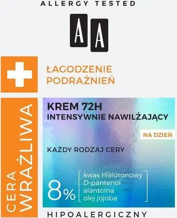 Krem fytyre AA Sensitive Skin Soothing Irritations, hidratues 72 orë, 50ml