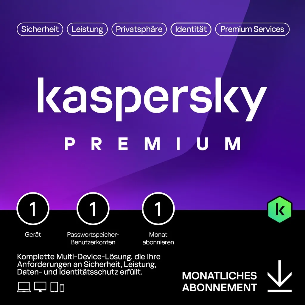 Software për Siguri Kaspersky Premium – 1 Devices. 1 Month – Subscription (ABO) – ESD-DownloadESD - 1