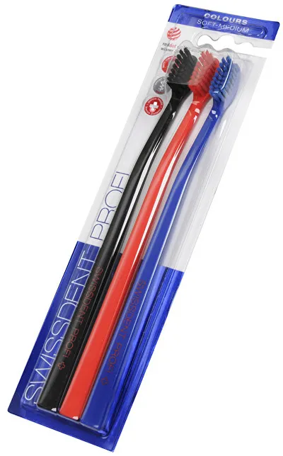Furçë për dhëmbë Swissdent Soft-Medium 2+1, e zezë, e kuqe, e kaltër, unisex - 1