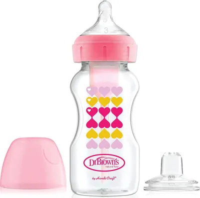 Shishe e gjerë Dr Browns, me thithë dhe grykë, 270ml, Zemra Rozë, 6m+ - 1