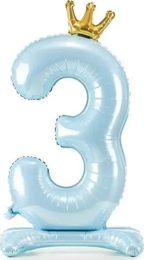Balon me qëndrim PartyDeco numri 3, 84cm, folie metalike, blu e çelët