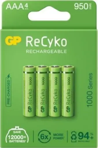 Bateri të rikarikueshme GP ReCyko AAA R03, 950mAh, set 4 copë, jeshile