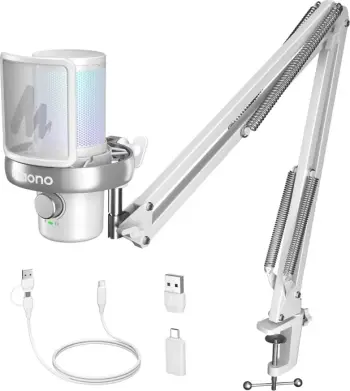 Mikrofon wireless Maono DM40 S Pro me boom arm, AI Voice Changer, RGB, i bardhë