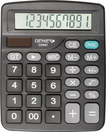 Kalkulator tavoline Genie Basic 220 MD, 10 shifra, energji diellore dhe bateri, i zi