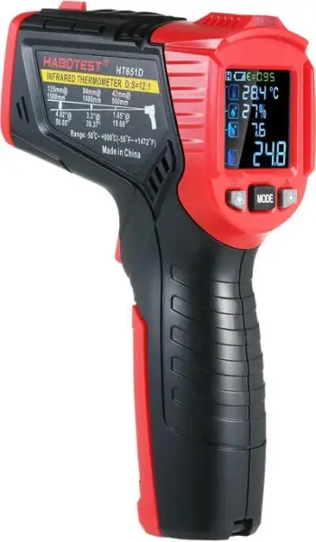 Termometër infrakuq (pirometër) Habotest HT651D, D:S 12:1, -50°C–800°C, termoelement K, matje lagështie & pikë vese