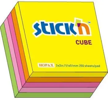 Bllok shënimesh ngjitës Stickn Notes Cube Mix, 50 x 50mm, 250 fletë, neon