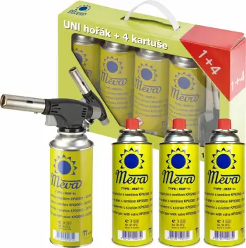 Set djegës gazi Meva KP18004 me ndezës piezo dhe 4 bombola, 1.6 kW