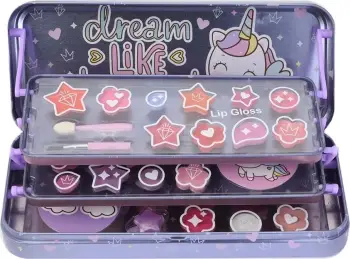 Set grimi për fëmijë Lip Smacker Unicorn Makeup Case Triple Layer Beauty Tin për vajza, 29 copë