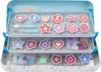 Set grimi për fëmijë Lip Smacker Disney Frozen Makeup Case Triple Layer Beauty Tin për vajza, 31 copë