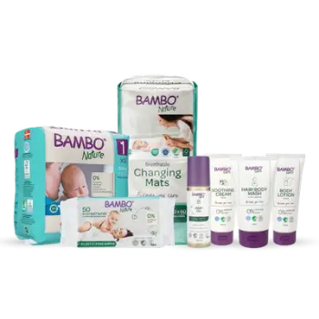 Set Bambo Nature pako 2, Pelena, 22 copë + letra të lagura, 50 copë + Shampo, 150ml + krem zbutës për lëkurë, 100 ml+ losion trupi, 100ml + vaj për trup, 150ml + Shtrojë për ndërrim të pelenës