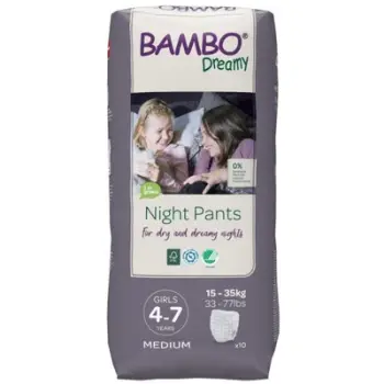Pelena në formë të mbathjeve për fëmijë Bambo Nature Dreamy Night Pants, girls 4-7 (15-35 kg), 10 copë