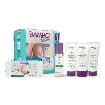 Set Bambo Nature pako 1, Pelena, 22 copë + letra të lagura, 50 copë + Shampo, 150ml + krem zbutës për lëkurë, 100 ml+ losion trupi, 100ml + vaj për trup, 150ml