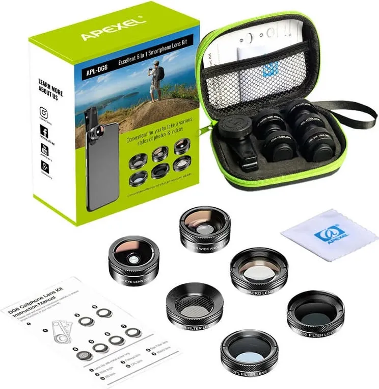 Set lente për celular APEXEL APL-DG6V2 6-në-1, e zezë - 2