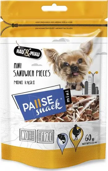 Shpërblim për qen Hau&amp;Miau Pausesnack Mini Bites, mish pule dhe merluc, 60g