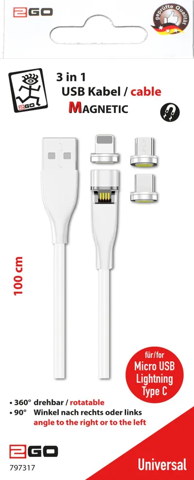Kabllo USB 2GO 797317, USB A në USB C micro USB Lightning, 1m, e bardhë - 2