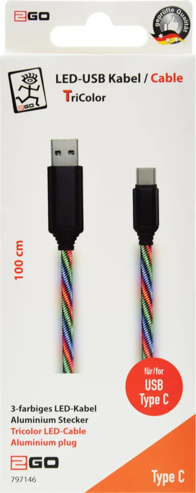 Kabllo USB 2GO USB A në USB C, 1 m, najlon, shumëngjyrëshe - 2