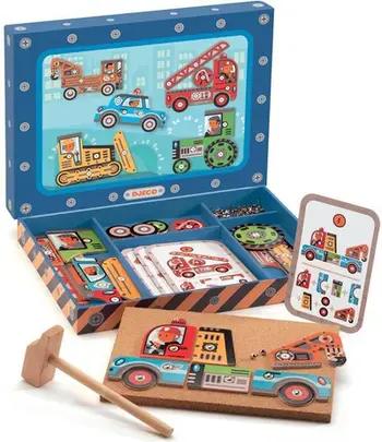 Set kreativ Djeco Tap Tap Building Vehicles, puzzle me mjete, shumëngjyrësh