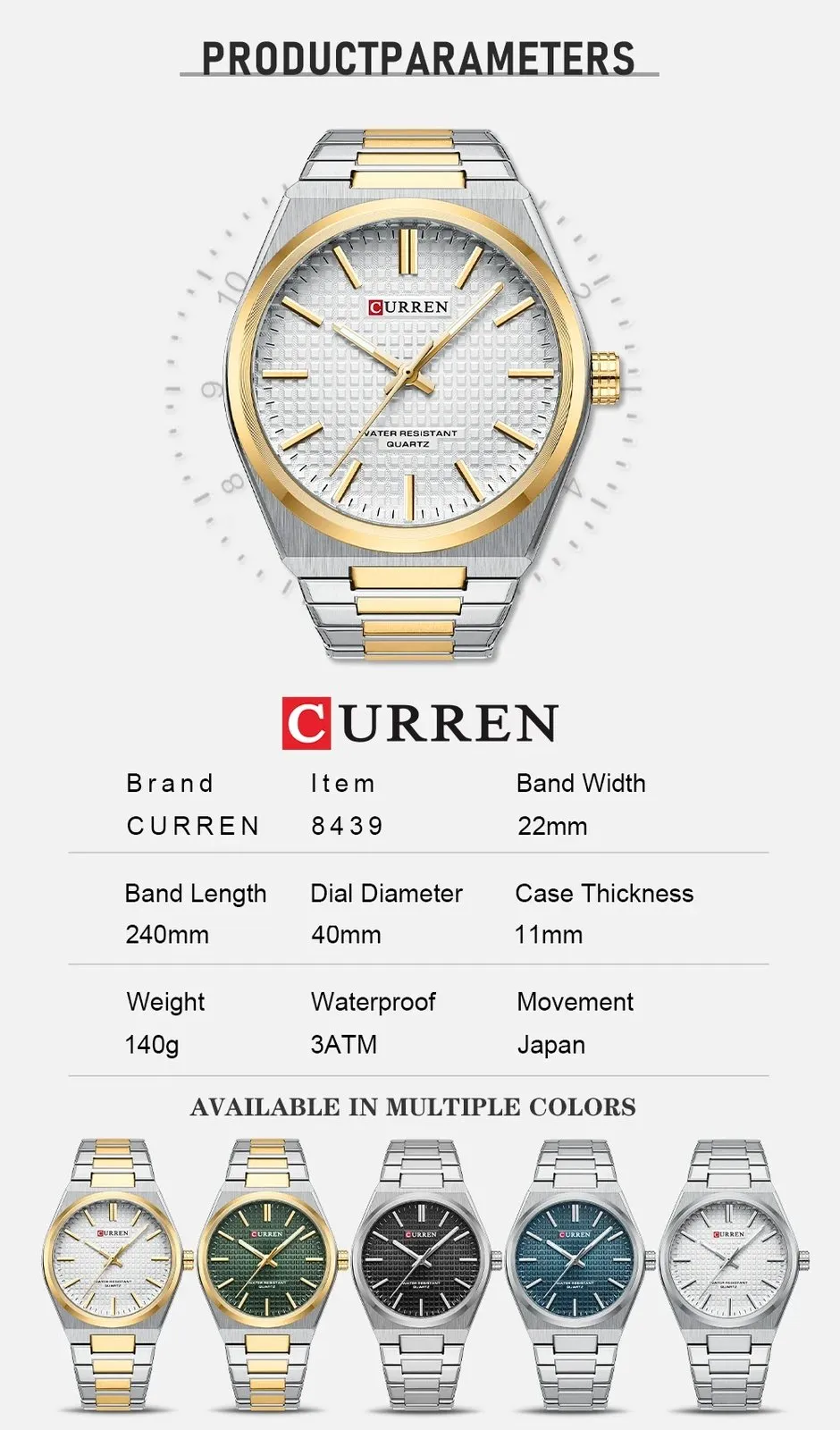 Orë dore për meshkuj Curren 8439, argjend/ari - 7