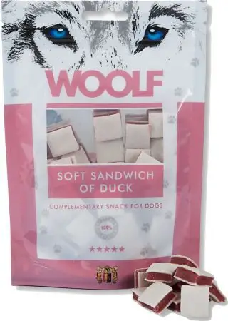 Shpërblime për qen Woolf Tender Duck Sandwich, mish shpendi, set pakosh, natyrale