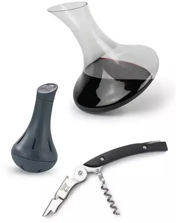 Set dhuratë verërash Peugeot, dekanter Evolution, hapëse Malbec, pastrues Bilbo, transparent
