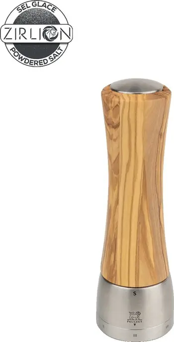 Mulli manual për kripë Peugeot Madras, 21 cm, sistem U Select, dru ulliri dhe çelik inox