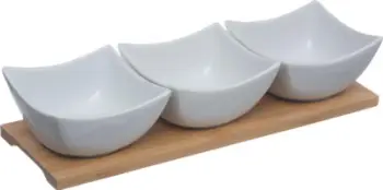 Set snackesh Secret de Gourmet, 3 tasa porcelani, tabaka bambuje, i bardhë